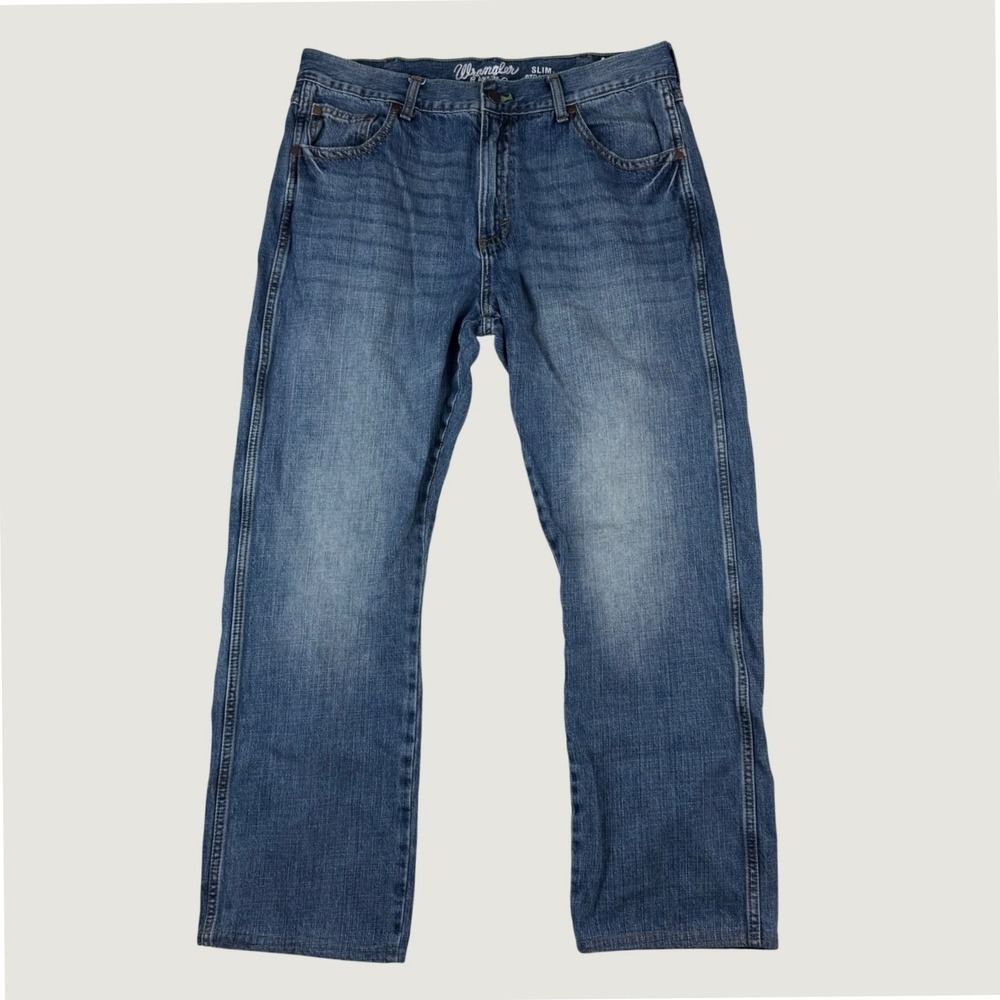 Wrangler Retro Jeans Mens 36x28 ALTERED Blue Slim Straight Denim Western Classic